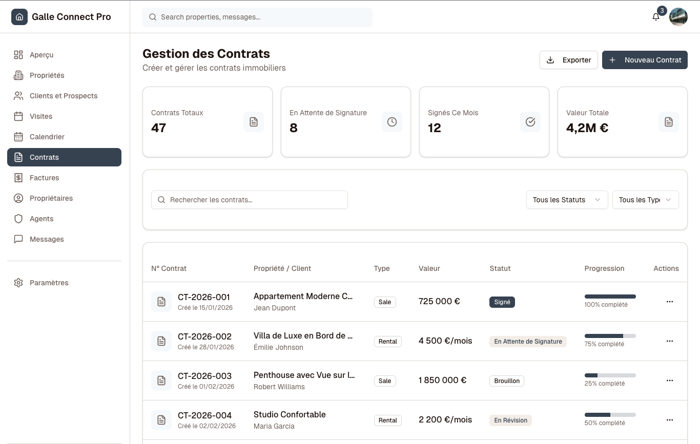 Gestion des contrats Gallé Connect Pro